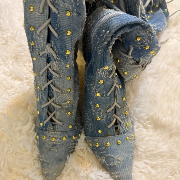 Studded Distressed Denim Lace-Up Boots - Picture 3 of 6